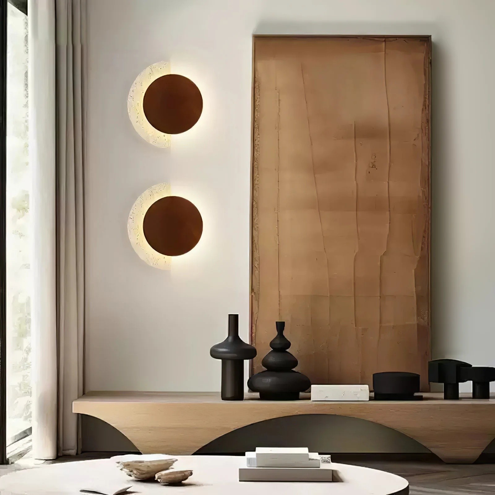 Modern Half Moon Travertine & Wood Ambient Wall Sconce S316
