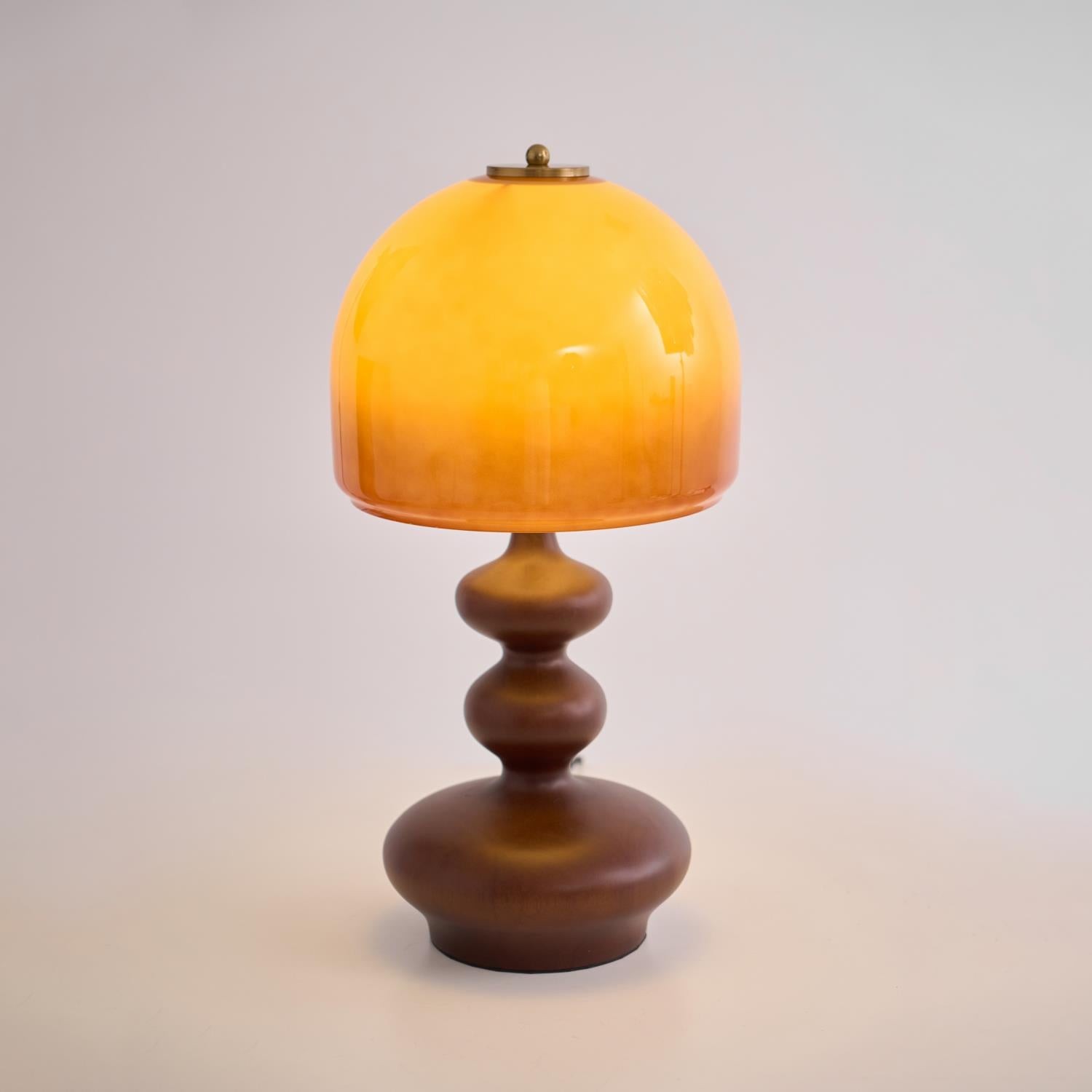 Vintage Amber Glass Lampshade Wooden Base Table Lamp P077