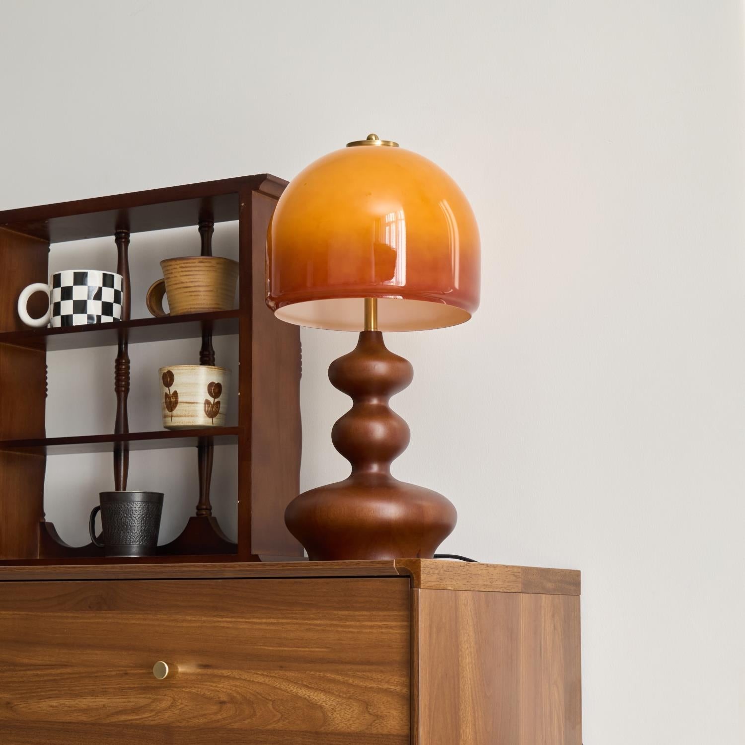 Vintage Amber Glass Lampshade Wooden Base Table Lamp P077