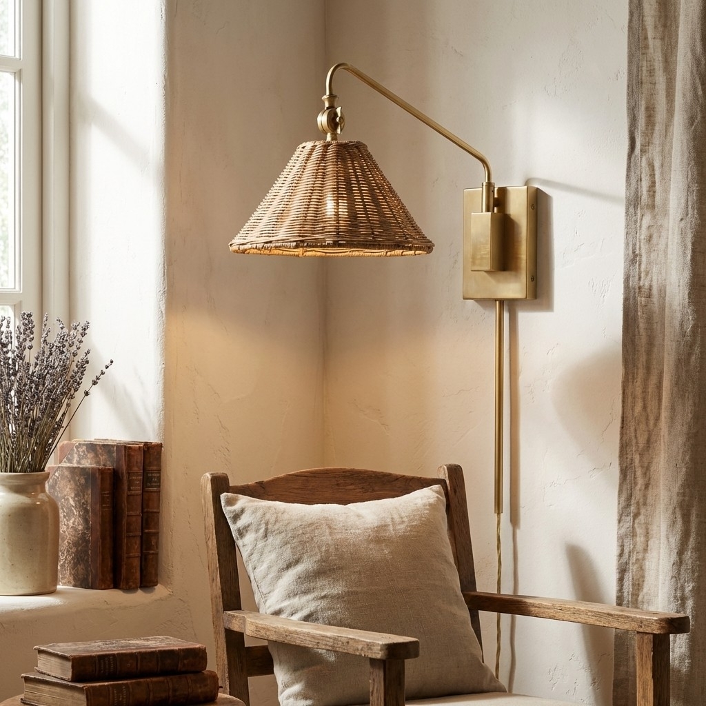 Welanery Swing Arm Rattan Wall Sconce - Farmhouse Style Lamp for Bedside Reading T1210