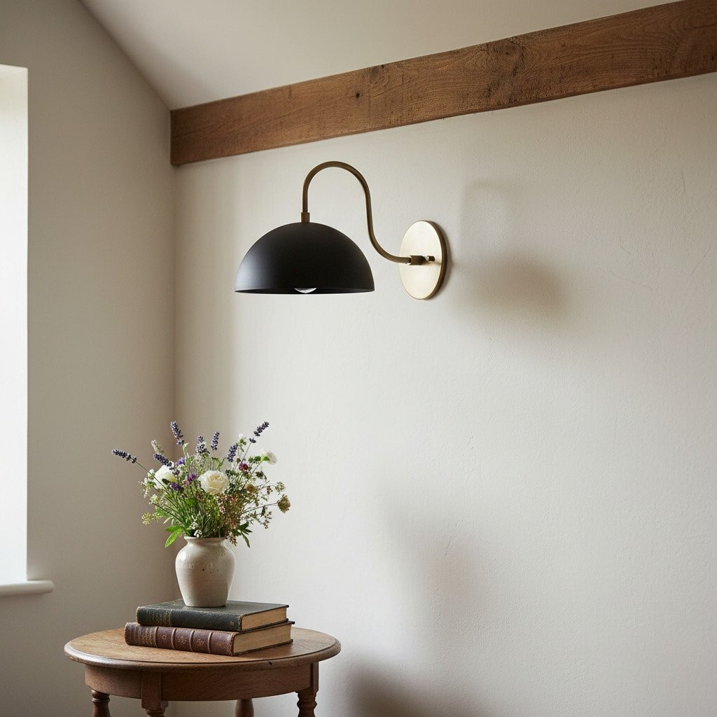 Curva Metal  Industrial Wall Sconce - Curved Brass Arm - Hammered Dome Light Fixture T408