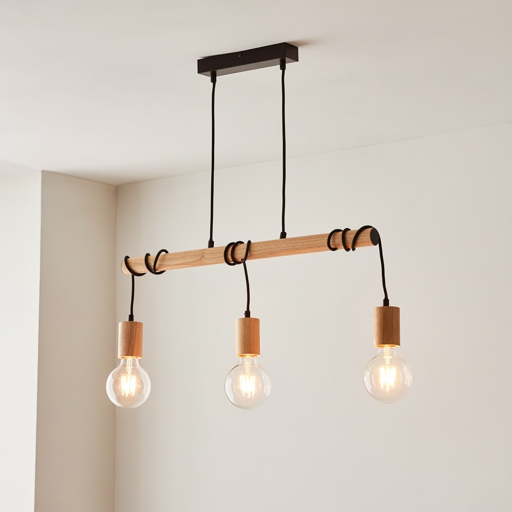 Virell Adjustable Linear Ceiling Light - 3‑Bulb Wooden and Metal Design for Kitchen Island or Office T870