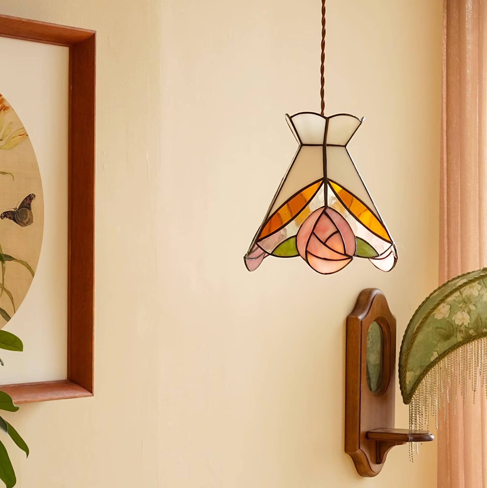 French Retro Rose Stained Glass Pendant Lamp M89