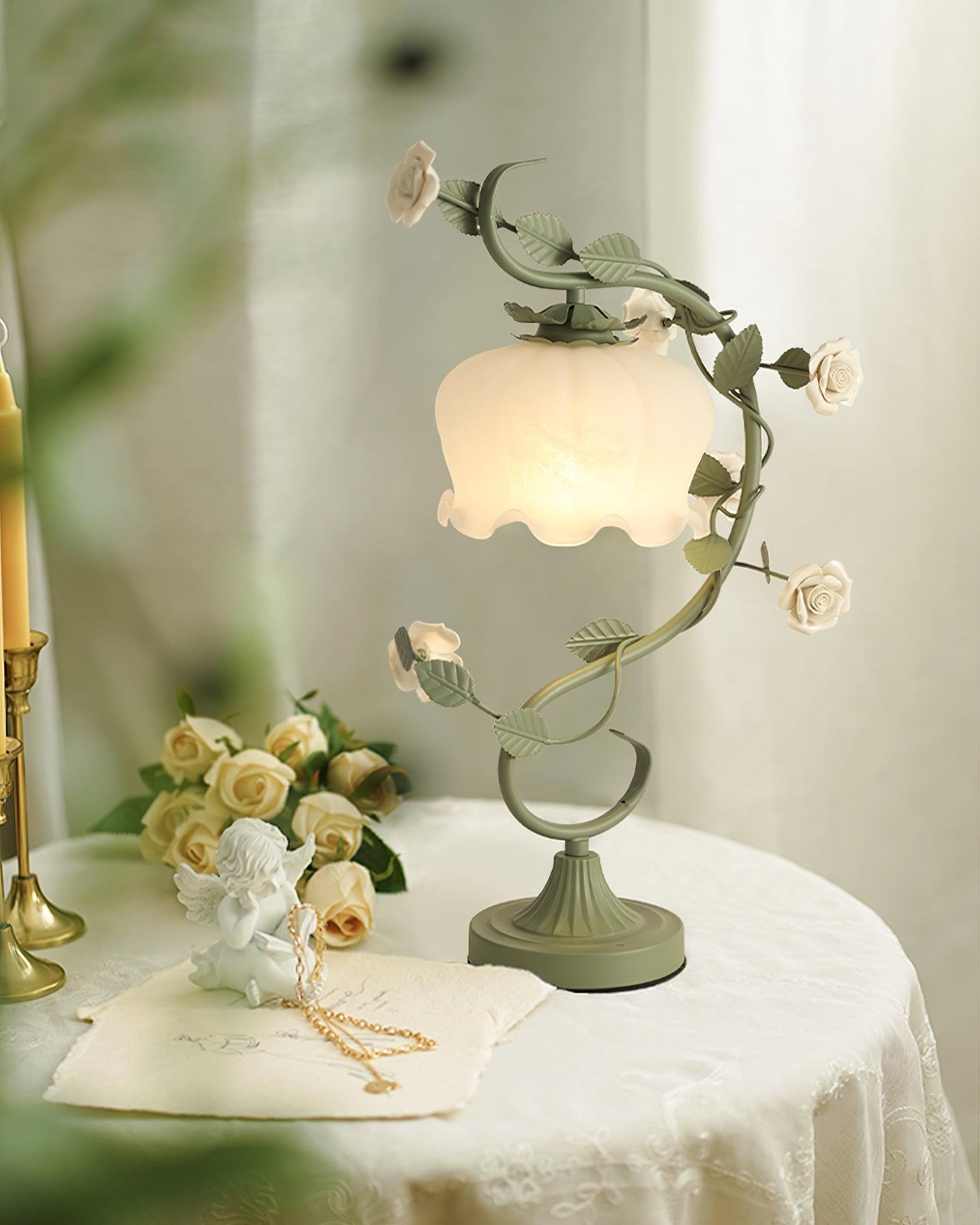 Green Pink White Rose Flower Table Lamp M107