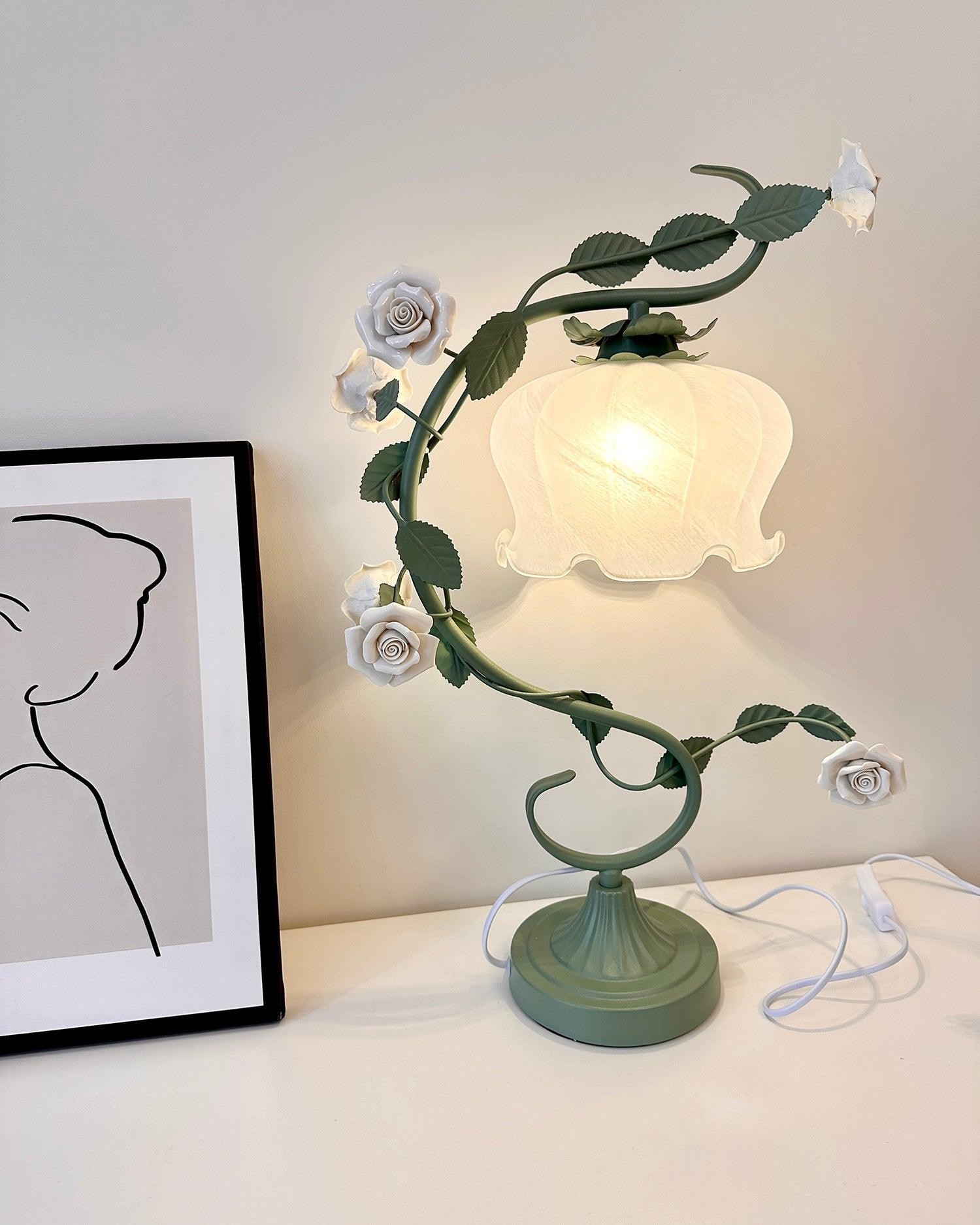 Green Pink White Rose Flower Table Lamp M107