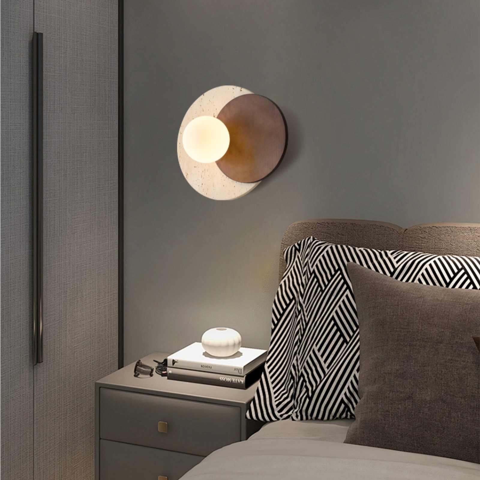Contemporary Disc Travertine And Wood Dual Tone Wall Sconce S322