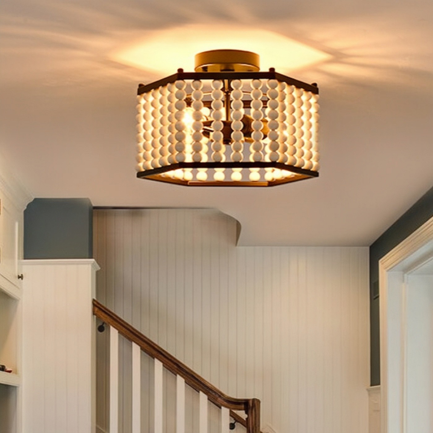 Rustic Hexagonal Wood Bead Ceiling Light S140