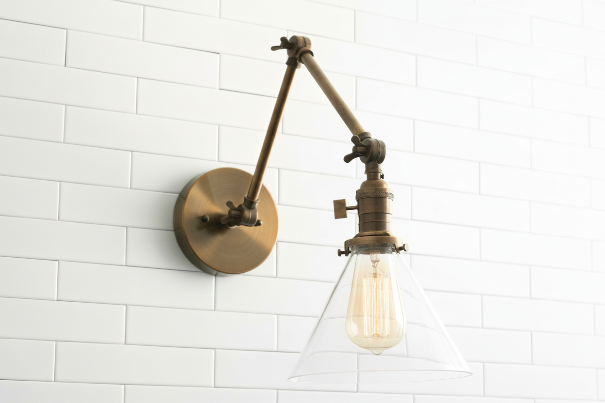 Conique Metal Industrial Wall Sconce with Adjustable Arm - Vintage Glass Cone Shade T311