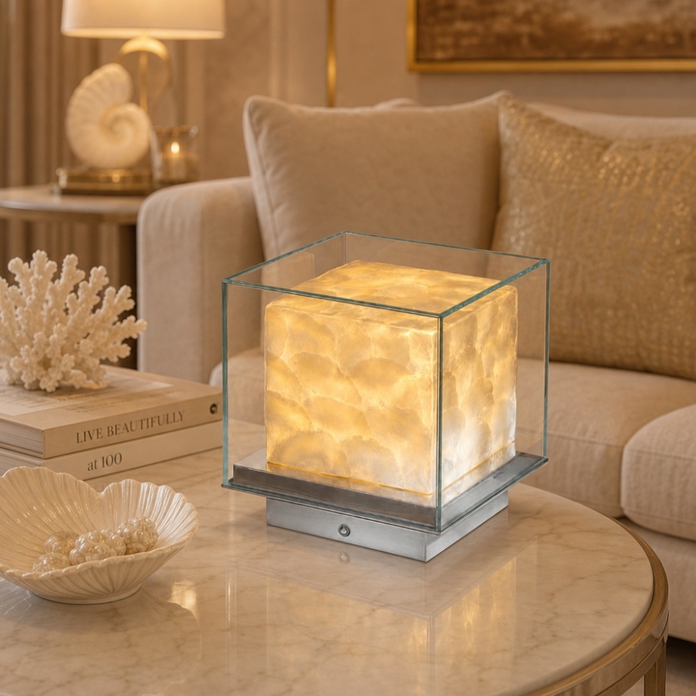 Beamira Mica and Shell Table Lamp - Modern Square Shade Accent Light for Bedroom T2196