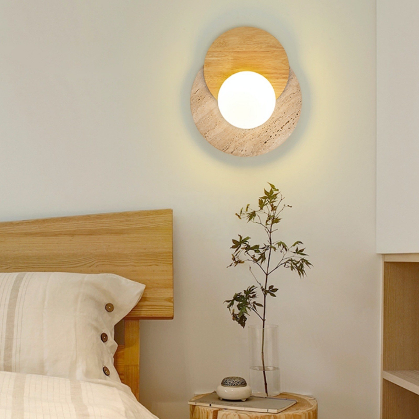 Contemporary Disc Travertine And Wood Dual Tone Wall Sconce S322
