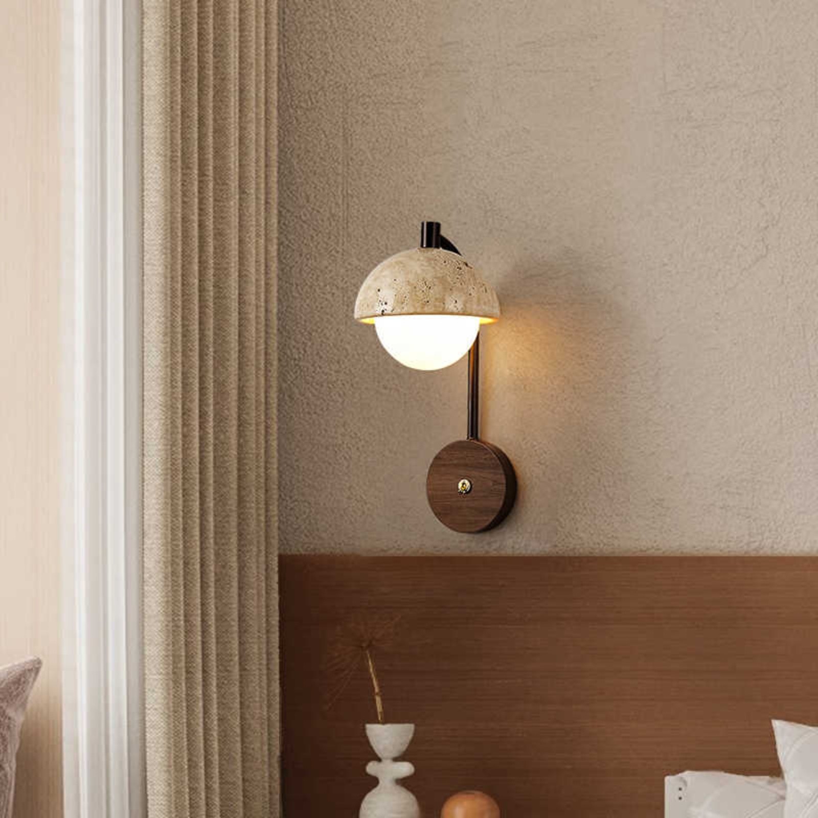Rustic Travertine Wall Lamp With Curved Metal Arm And Wood Mount S313