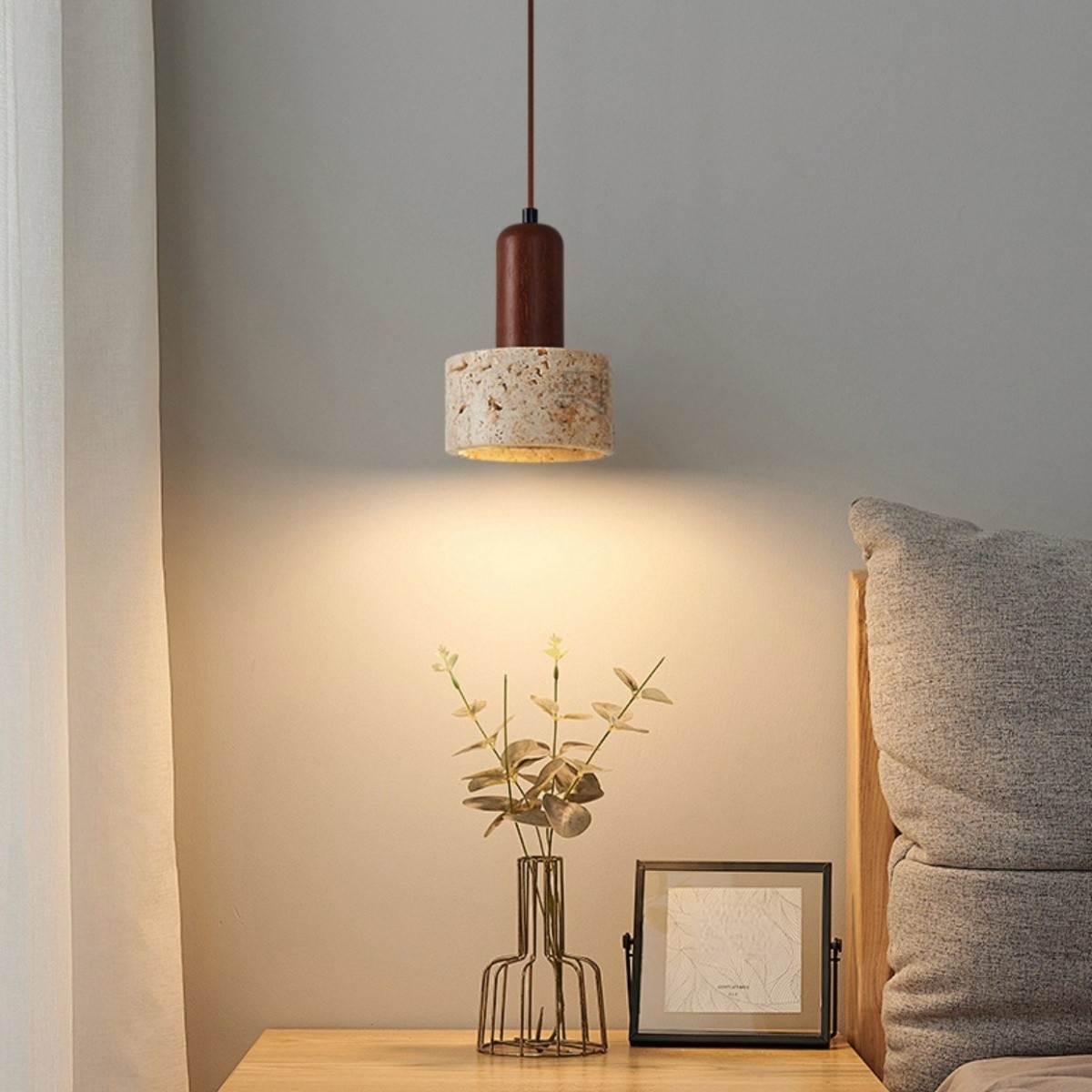 Minimalist Travertine Pendant Light With Wooden Top S264