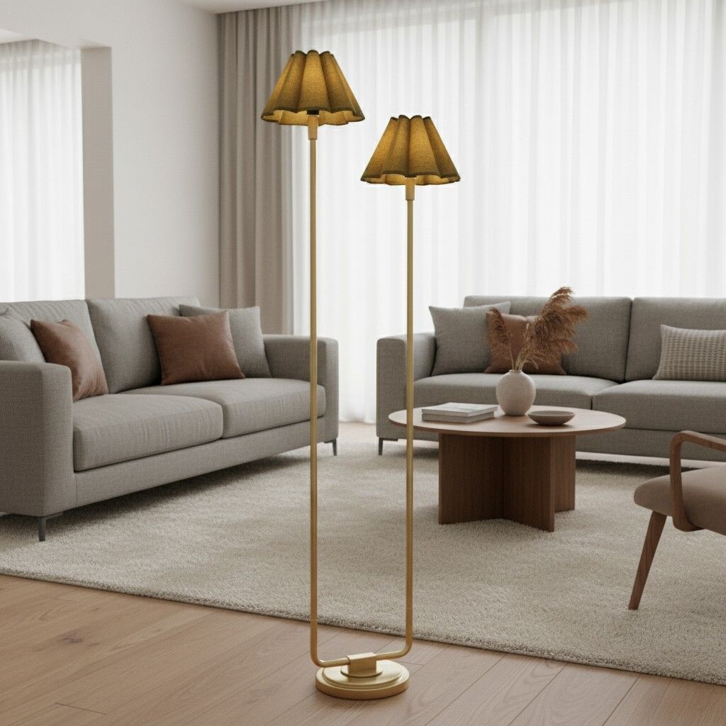 Duova Minimalist 2‑Light Floor Lamp - Modern Pleated Fabric Metal Light for Bedroom or Living Room T719