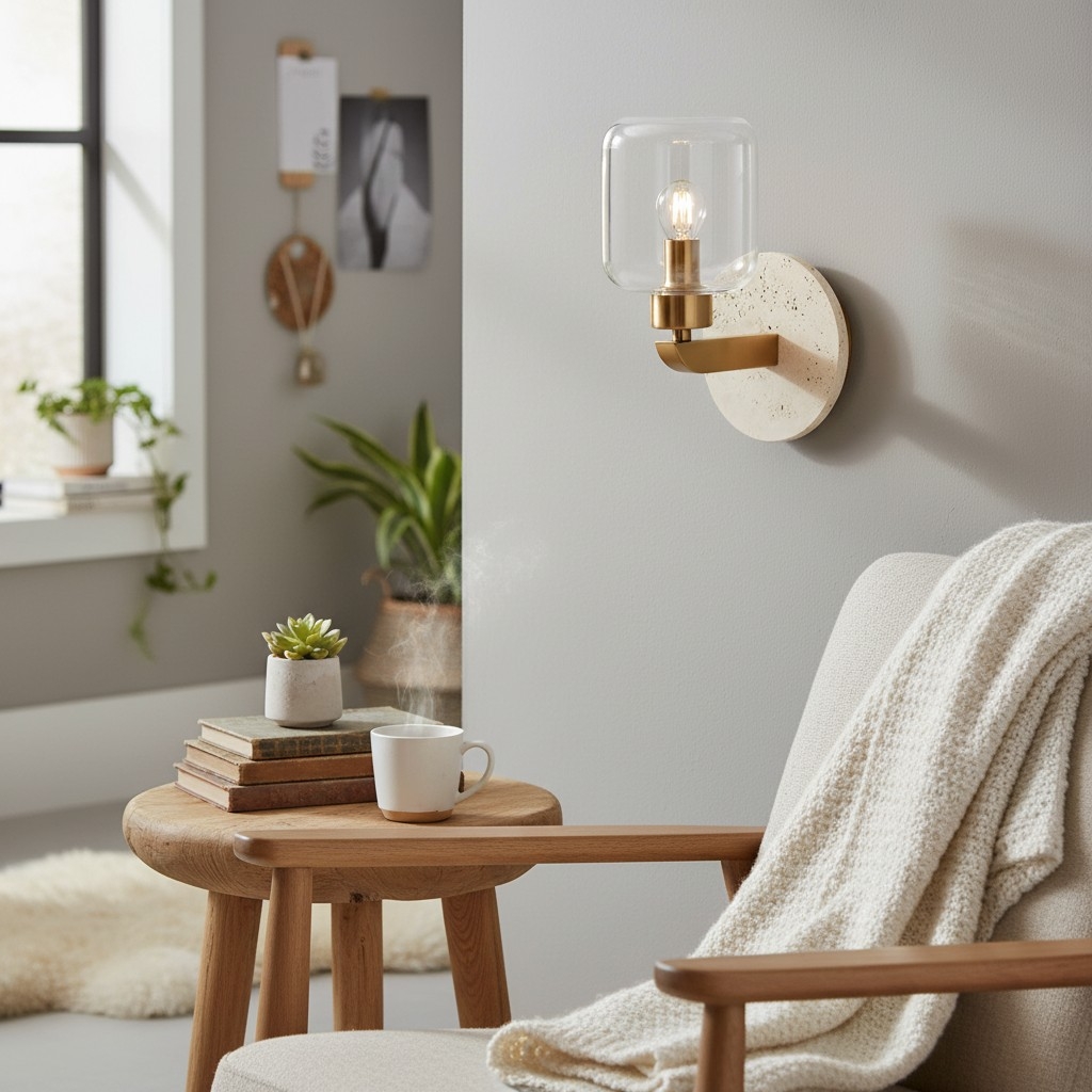 Korlisse Modern Marble Wall Light - Vintage Brass & Clear Glass Accent for Living Room and Hallway T950