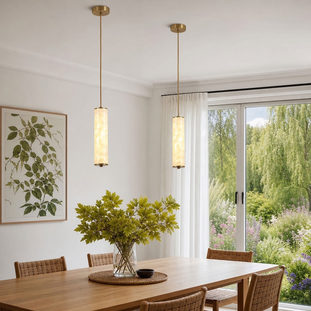 Nacrelith Capiz Shell Cylinder Brass Pendant Light - Nordic Bedroom Lighting T2217