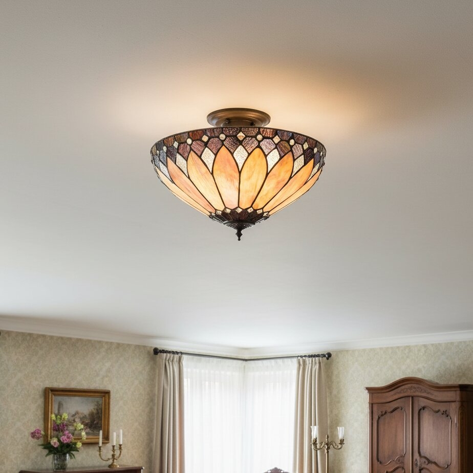 TF Brooklyn Tiffany Semi-flush Ceiling Light - Geometric Glass Shade for Hallways or Living Rooms T1042