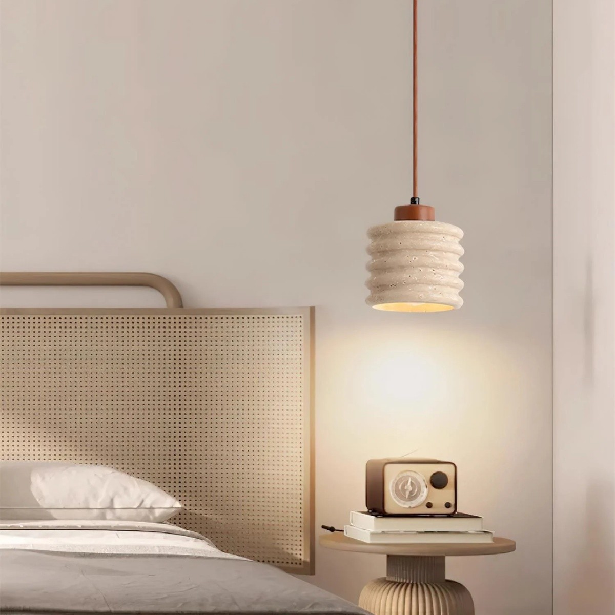 Textured Travertine Hanging Light - Minimalist Bedroom Pendant S265