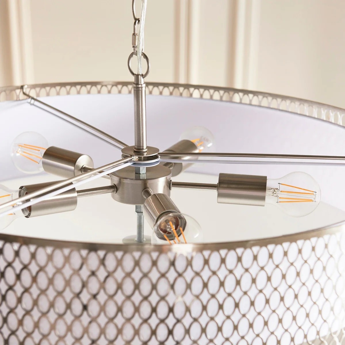 Liorin Geometric Pendant Lamp - Modern Fretwork Metal and Fabric Shade Pendant for Interiors T906