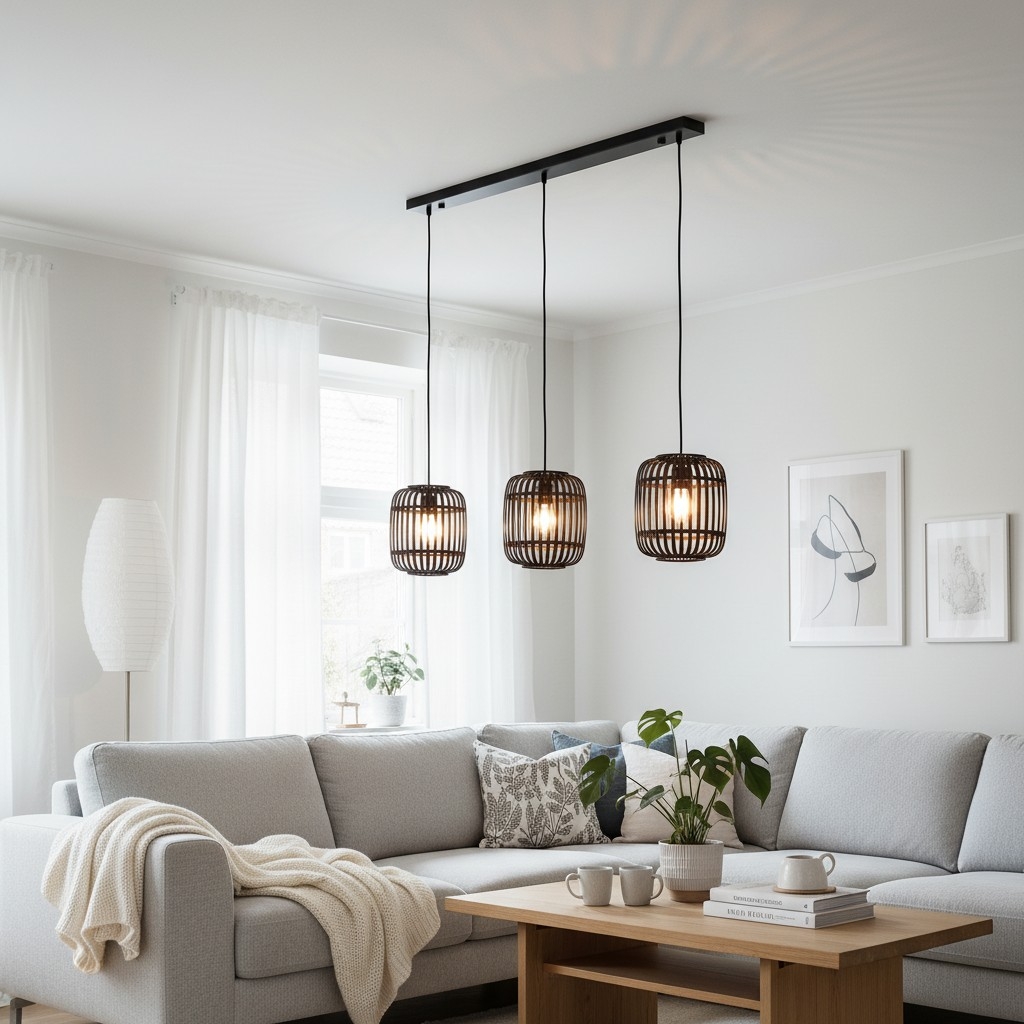 Yumeko Adjustable Bamboo Pendant Lamp - Natural Cage Ceiling Light Perfect for Living & Dining Rooms T999