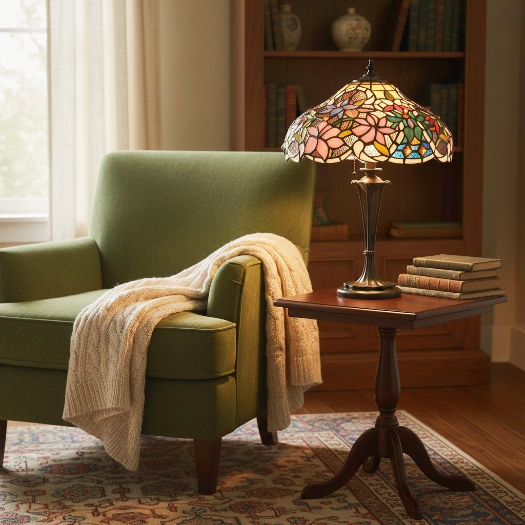 TF Sullivan Tiffany Table Lamp - Floral Stained Glass Design for Bedroom or Living Room T913