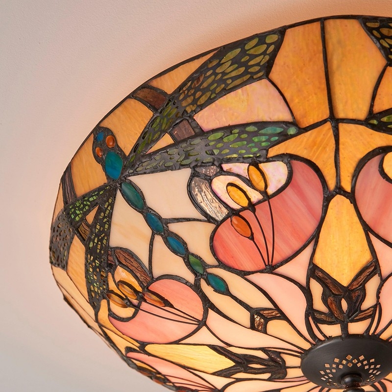 TF Ashton Tiffany Dragonfly Motif Tiffany Glass Flush Surface Mount - Transitional Style for Bedrooms and Lounge Spaces T1055
