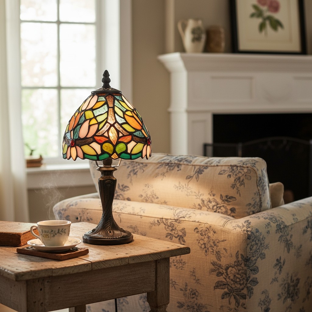 Calyra Vintage Floral Stained Glass Table Lamp - Art Deco Tiffany Style Accent Light for Bedside and Living Room T892