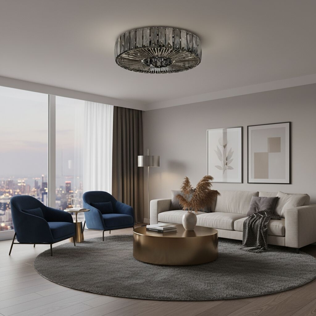 Glomar Glass Round Flush Ceiling Light - Modern Metal Glass Finish Living Areas T542