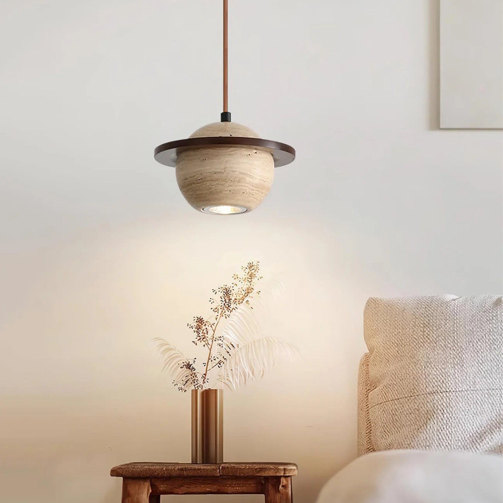 Saturn Pendant Light In Travertine With Warm Ambient Glow S286