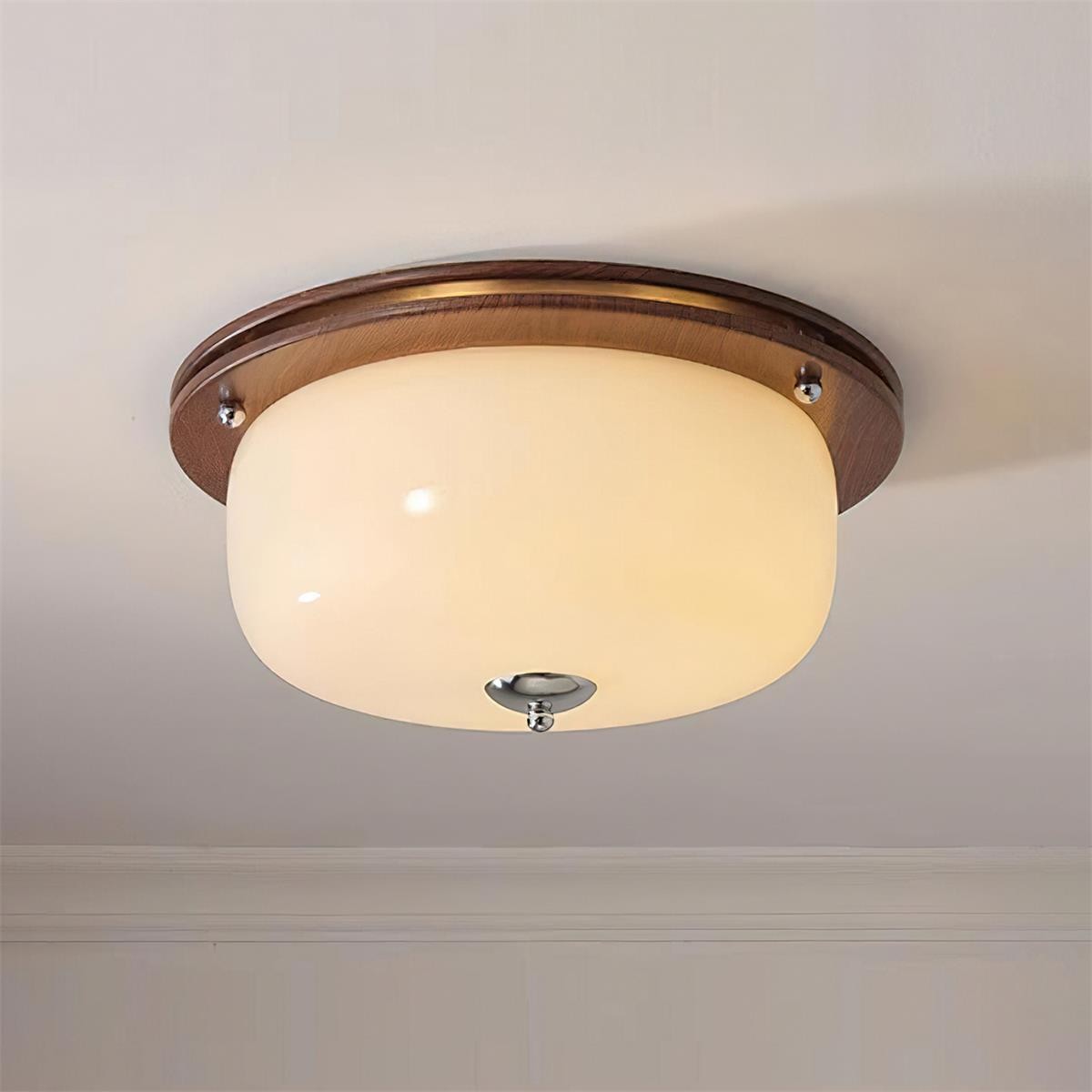 Vintage Wooden Disc Pudding-shaped Glass Lampshade Ceiling Lamp P028