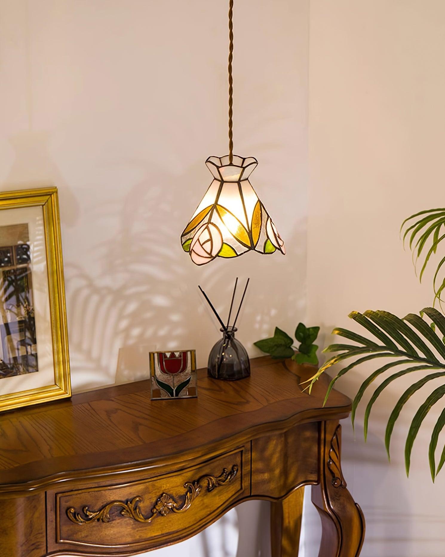 French Retro Rose Stained Glass Pendant Lamp M89