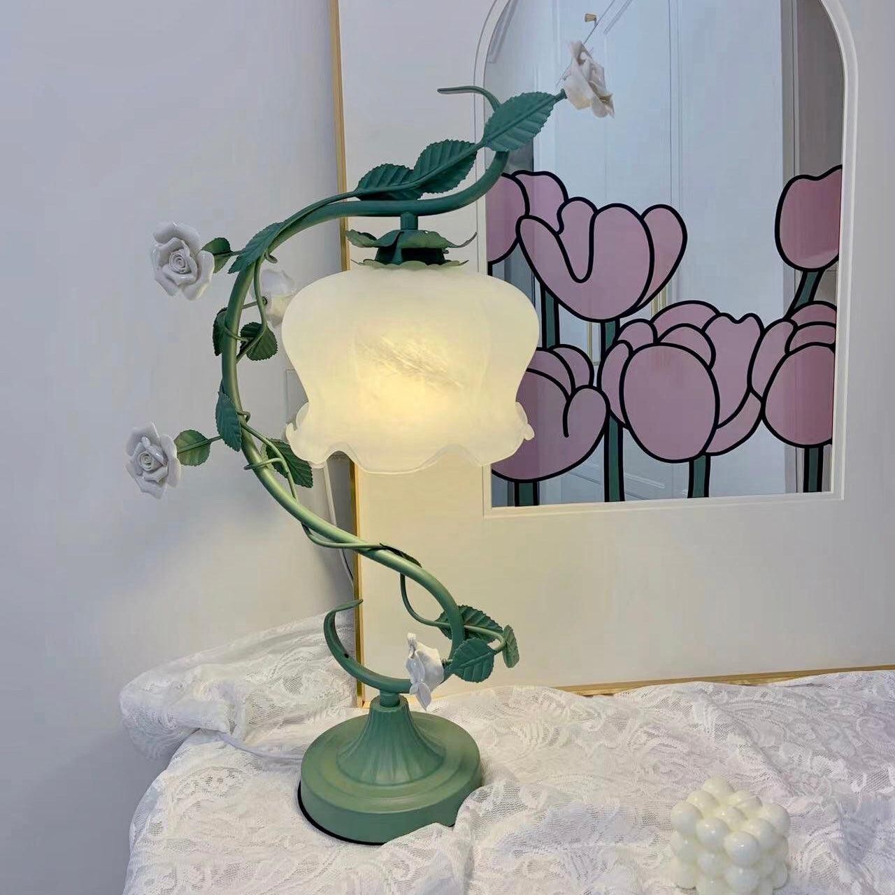 Green Pink White Rose Flower Table Lamp M107