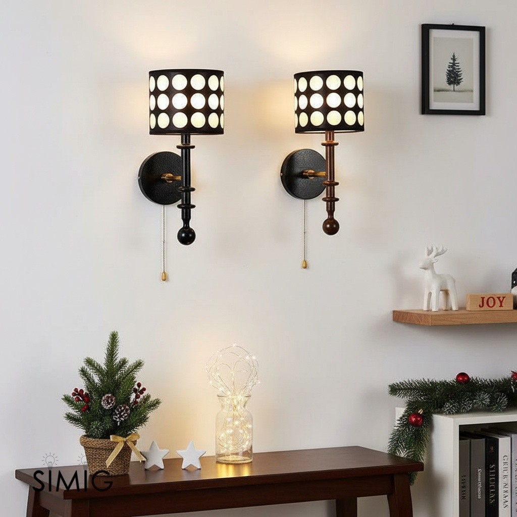 French White Polka Dot Fabric Cylinder Shade Wall Sconce S366