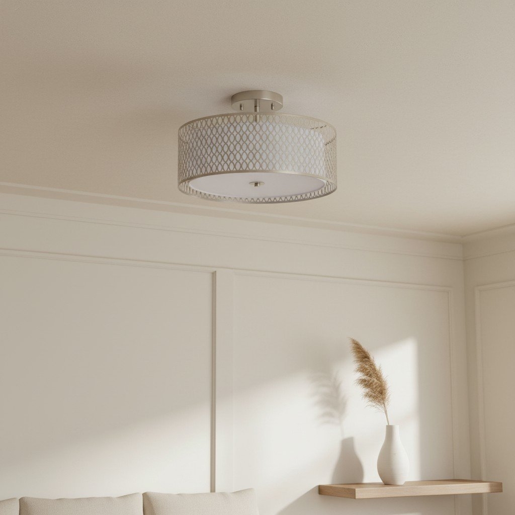 Liorin Geometric Mesh 3‑Light Flush Ceiling Light - Mesh Metal Frosted Glass Lamp for Living Room or Hallway T865