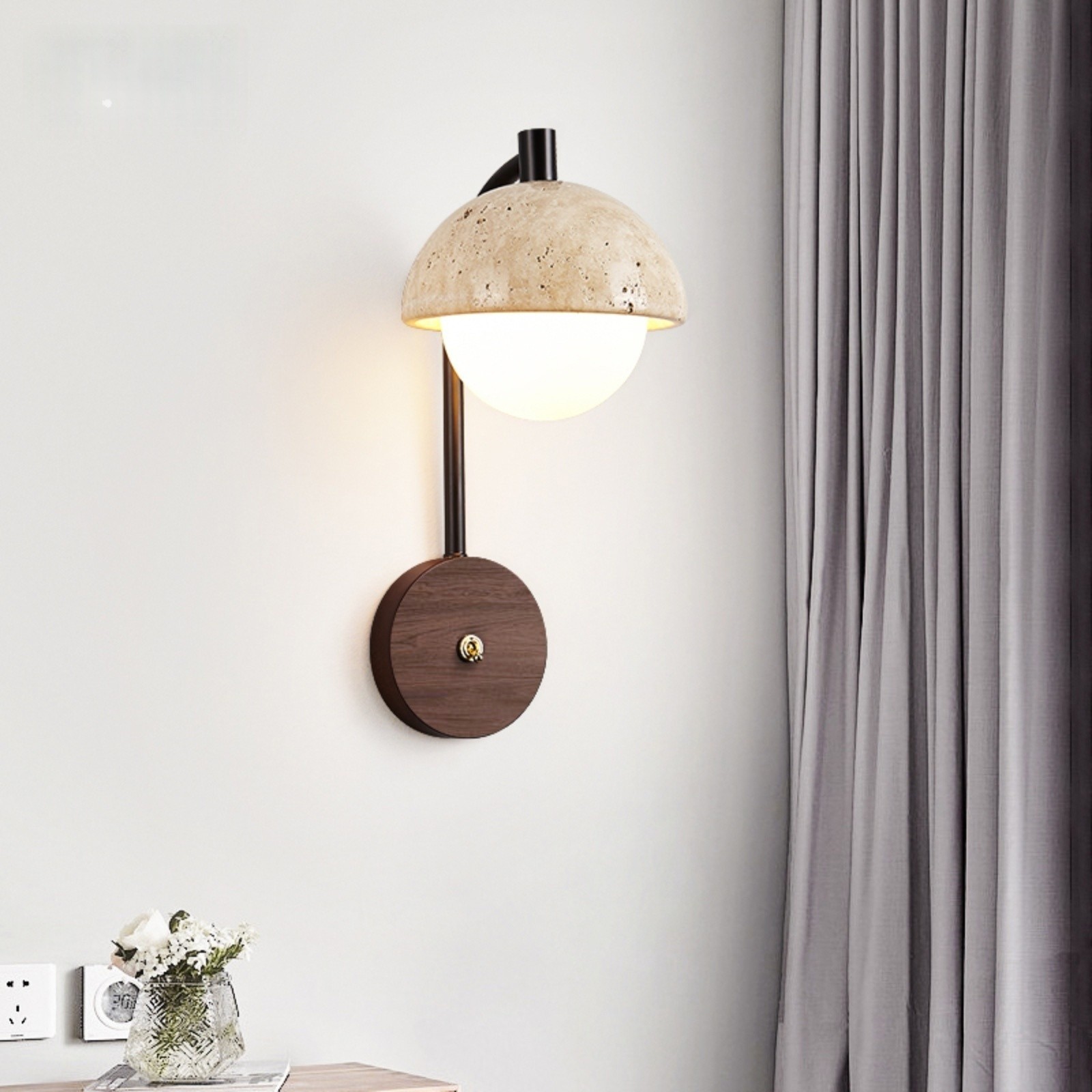 Rustic Travertine Wall Lamp With Curved Metal Arm And Wood Mount S313