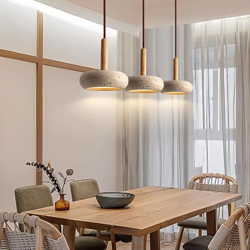Traditional Japanese Round Wood Travertine Pendant Light G68