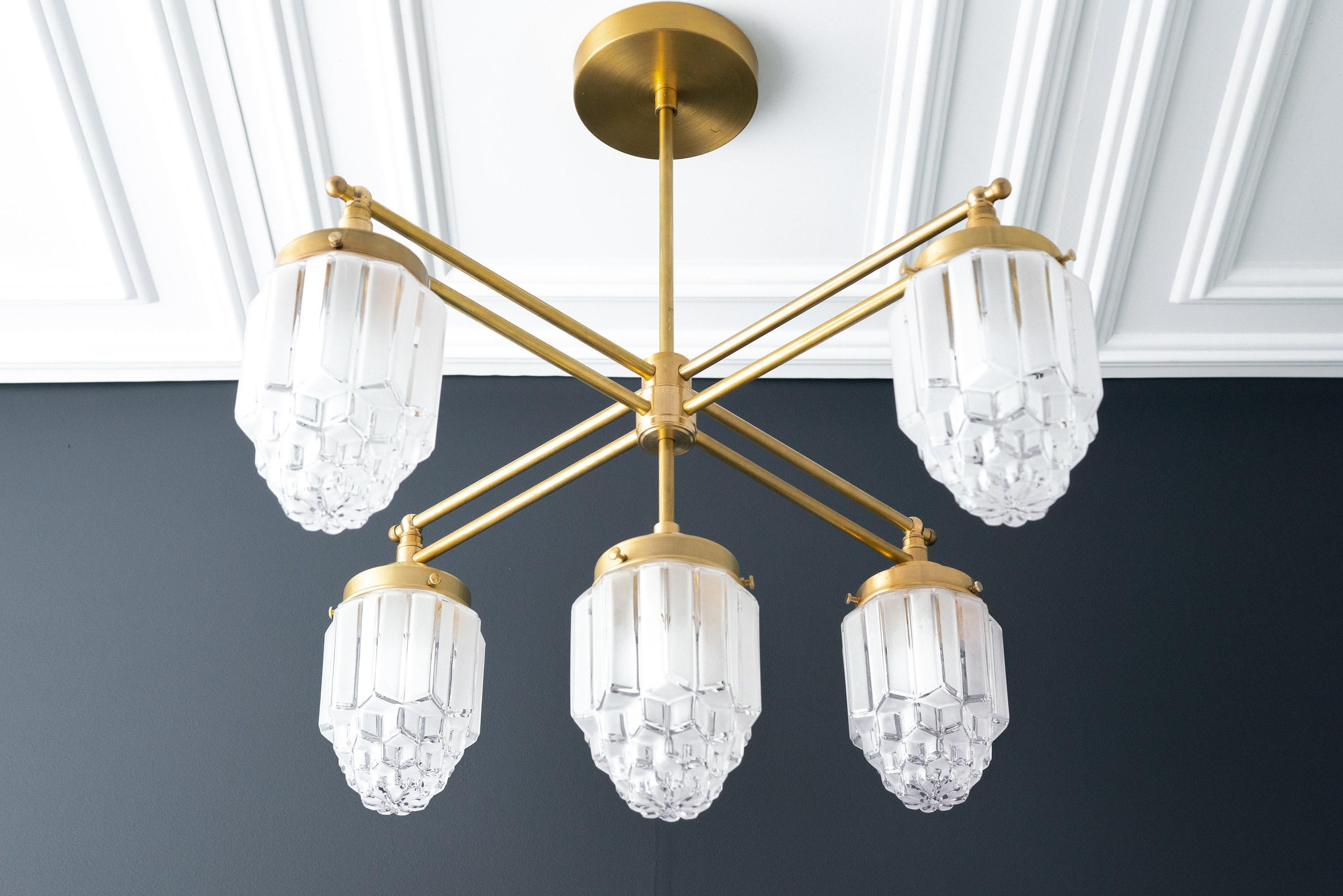 Tierlux Glass Chandelier – Vintage Brass Globe Lighting Fixture T357