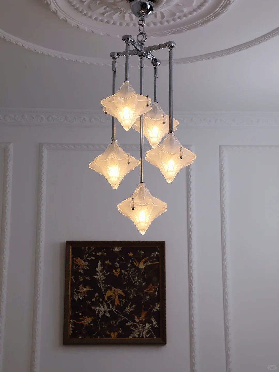Art Deco Astris Star Chandelier - Frosted Glass Deco Fixture for Dining Room T433