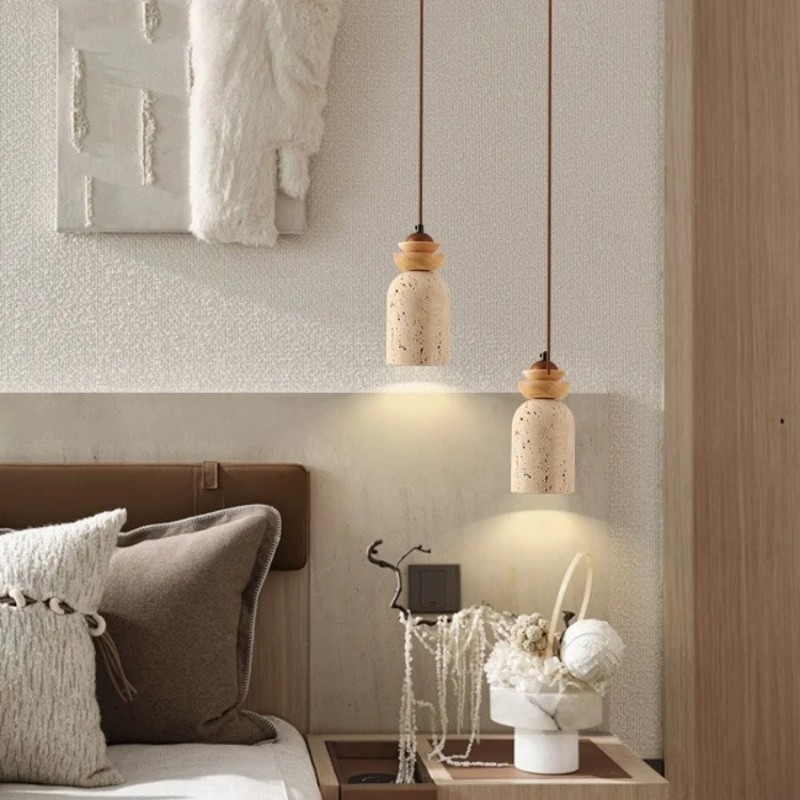 Wabi-Sabi Travertine Pendant Light with Wood for Living Room S274