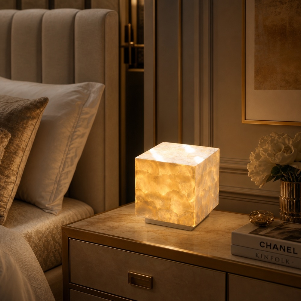 Beamira Mica and Shell Table Lamp - Modern Square Shade Accent Light for Bedroom T2196