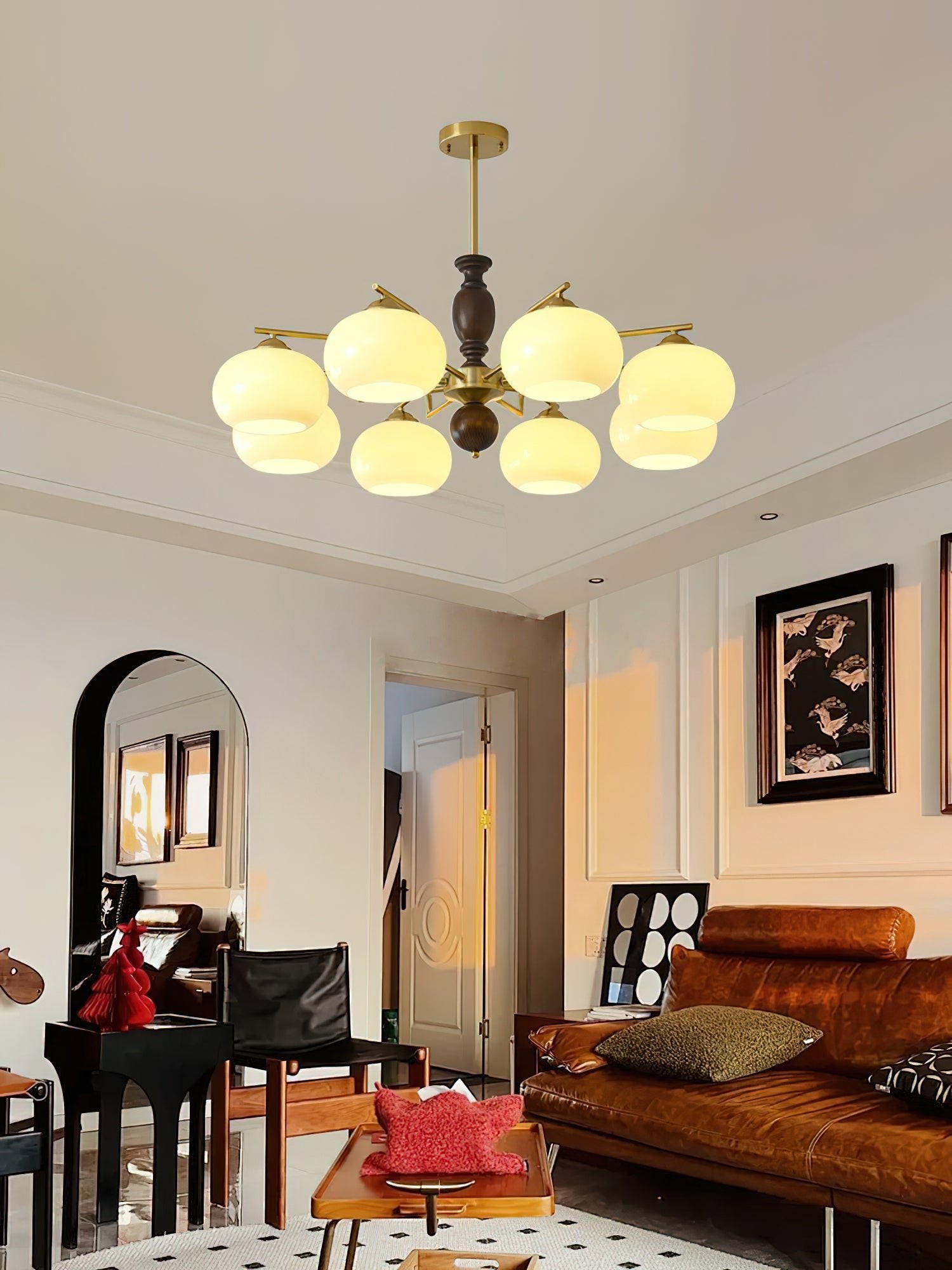 Medieval Style Walnut Beige Orb Chandelier M485