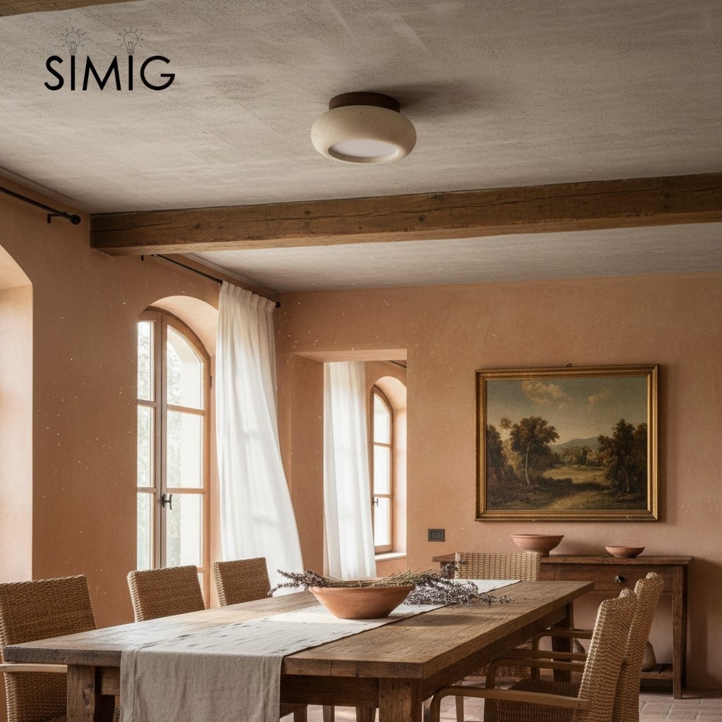 Minimal Bowl Ceiling Fixture in Stone Look - Wood Tone Base Light S299
