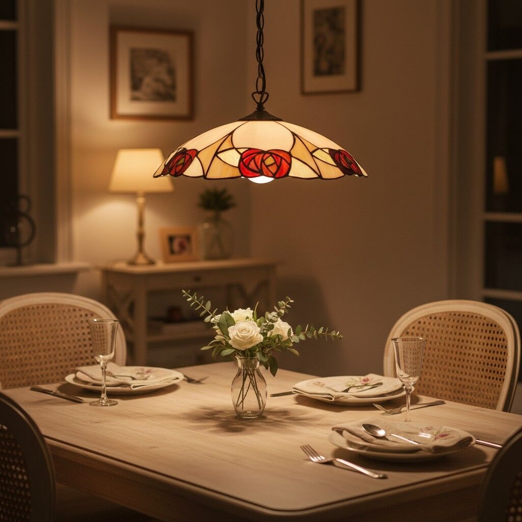 TF Ingram Tiffany Pendant Light - Vintage Handcrafted Stained Glass Floral Shade for Dining Room T1030