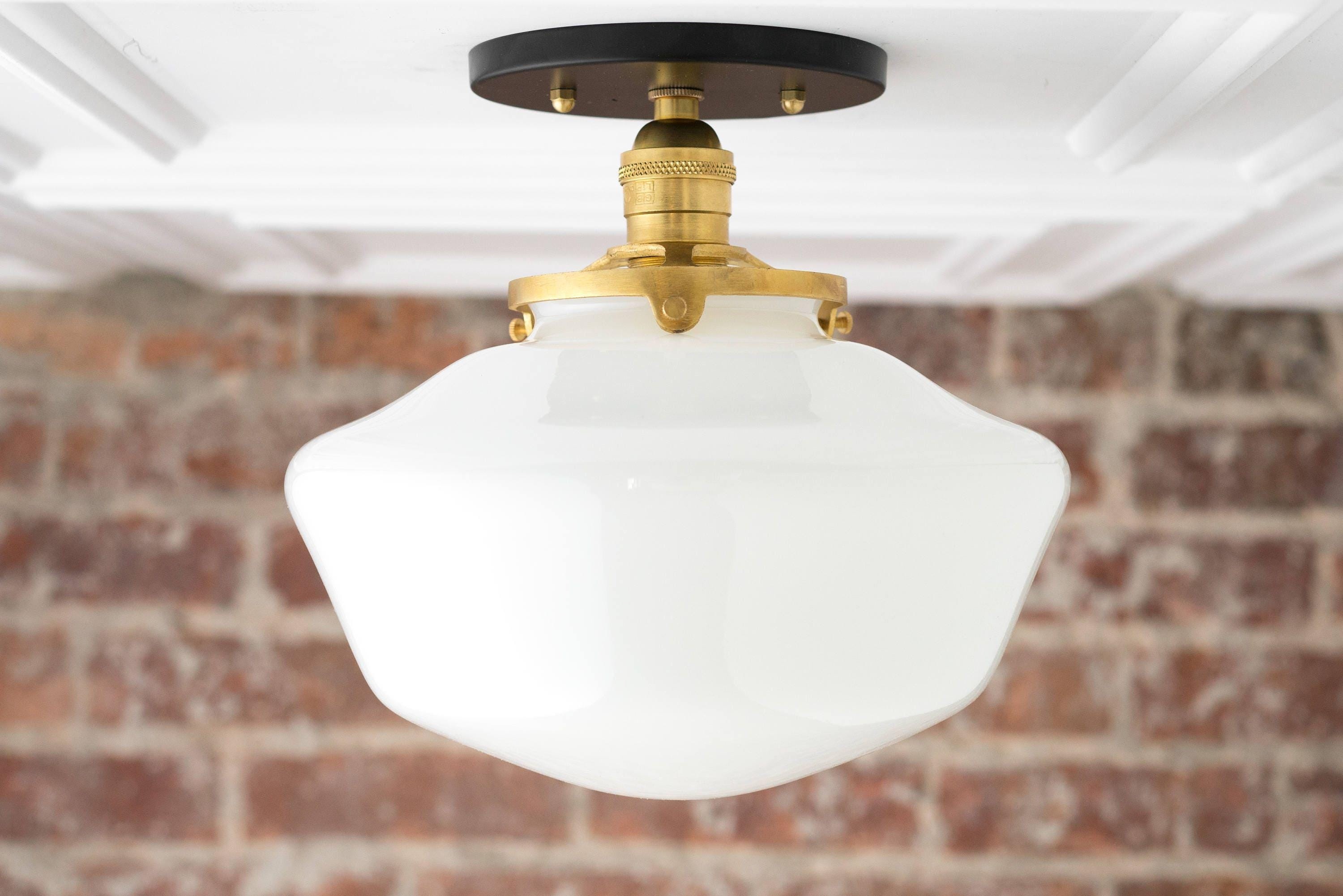 Geotower Glass Brass Ceiling Light - Opal Glass Schoolhouse Shade - Modern Elegance T370