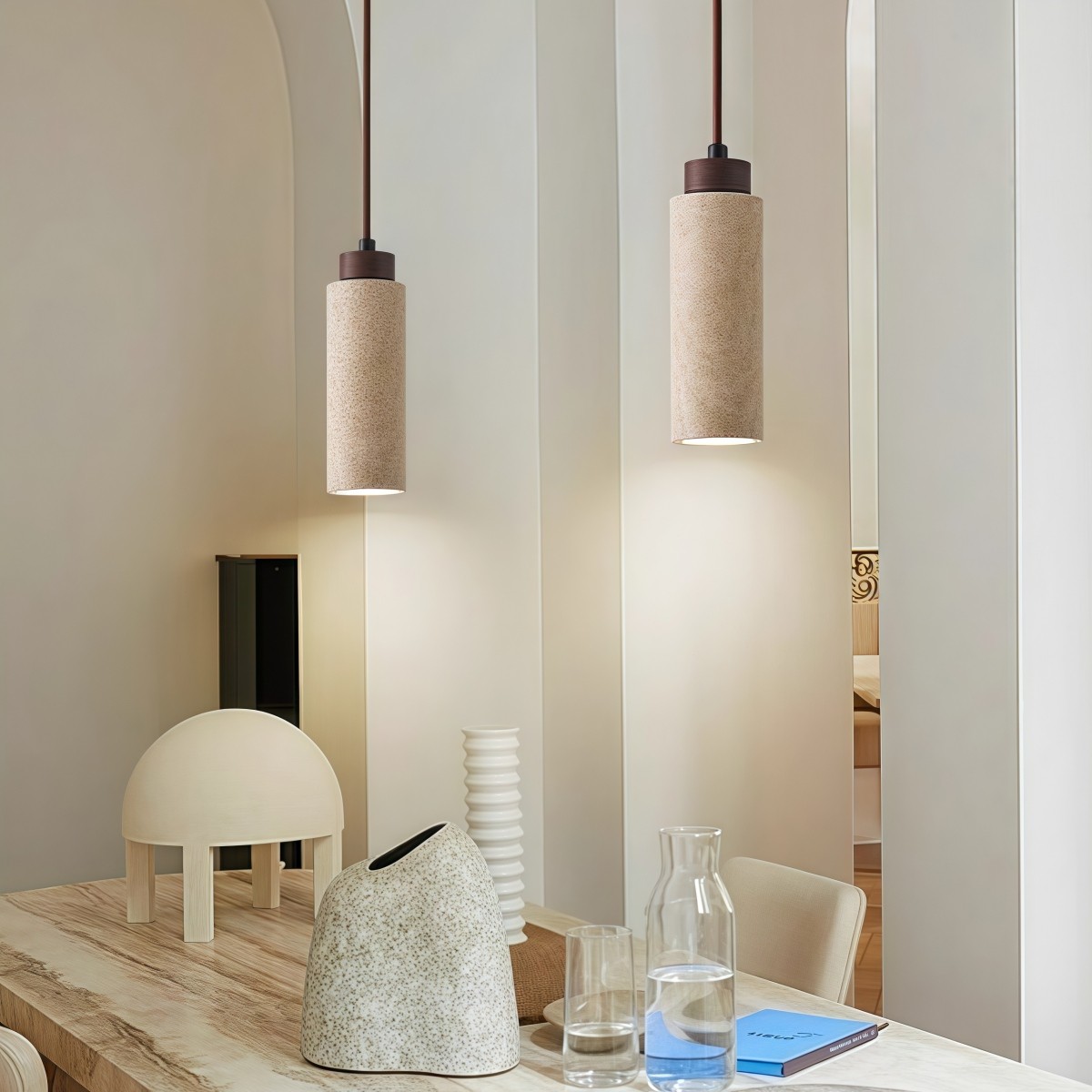 Minimalist Beige Travertine Cylinder Pendant Light S268