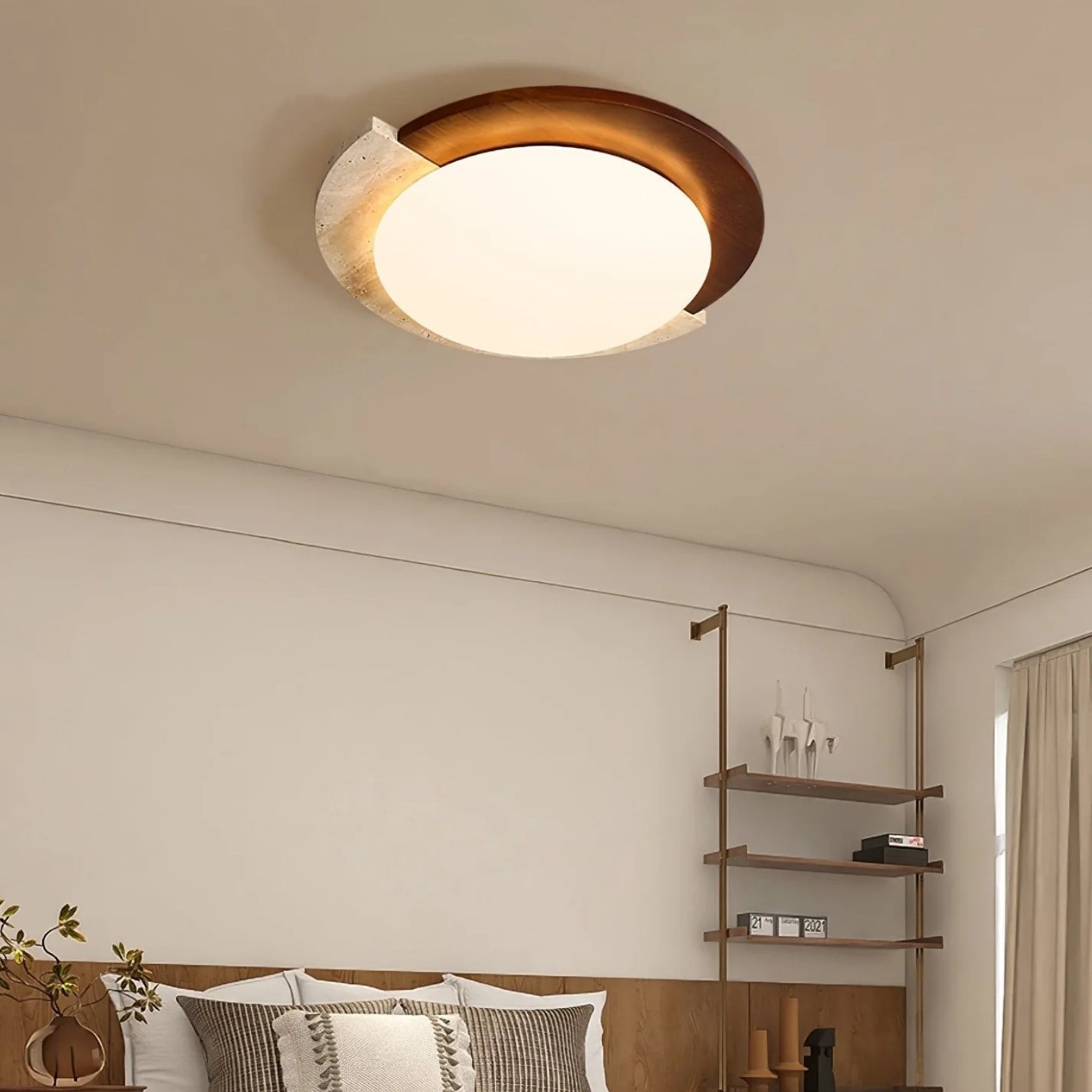 Half Moon Splicing Design Travertine & Wood Ceiling Lamp S292