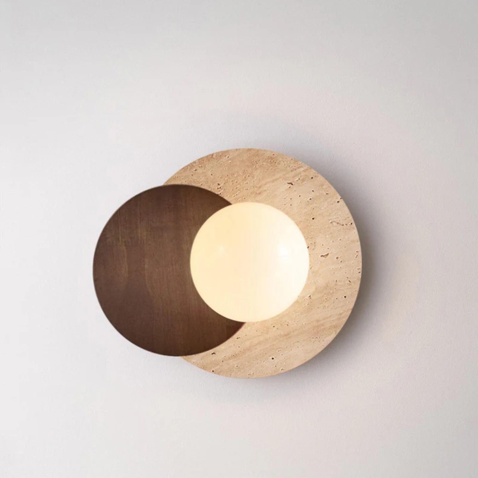 Contemporary Disc Travertine And Wood Dual Tone Wall Sconce S322