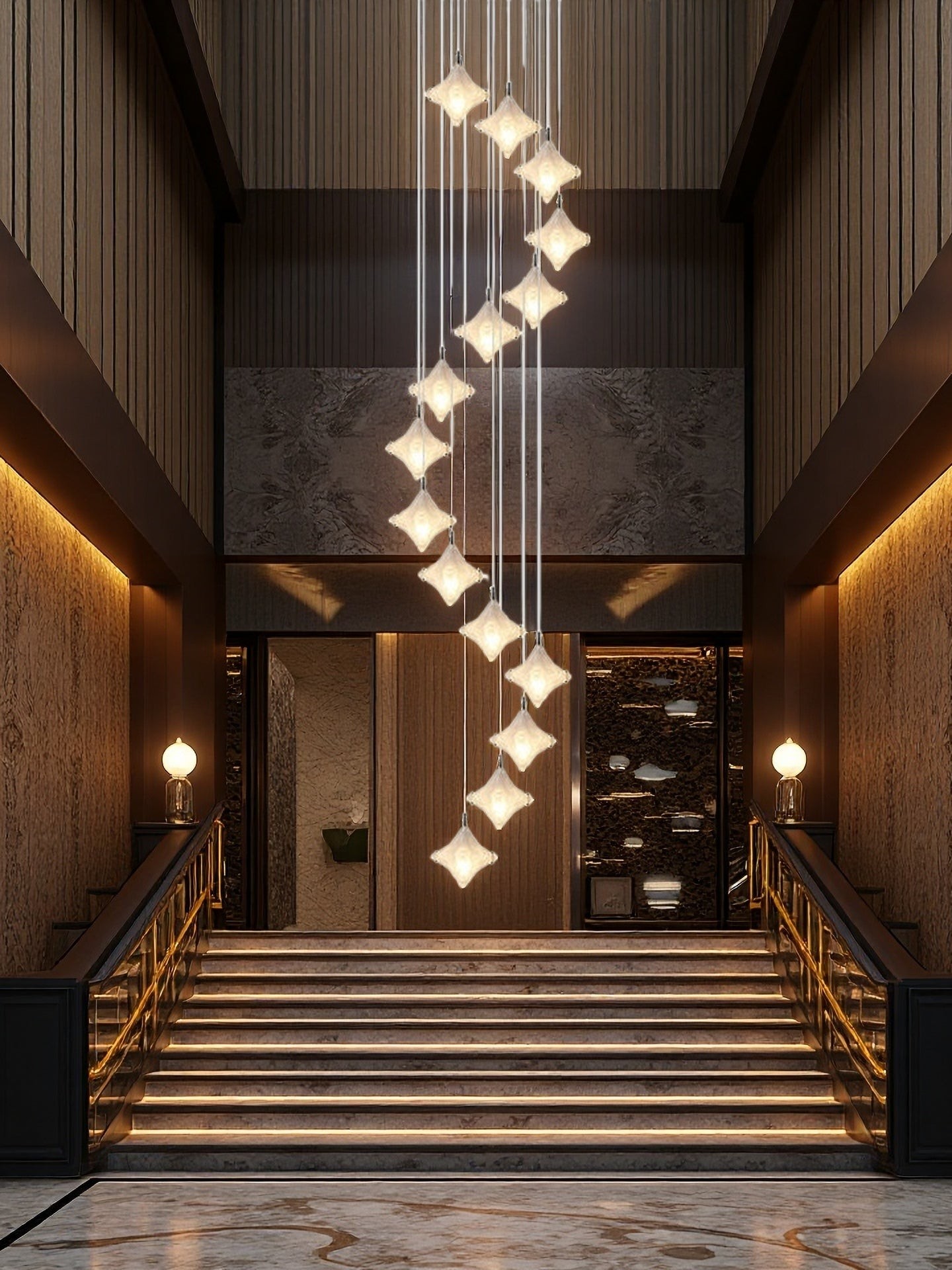 Art Deco Star Staircase Pendant Light - Frosted Glass Hanging Fixture - Astris Altair T437
