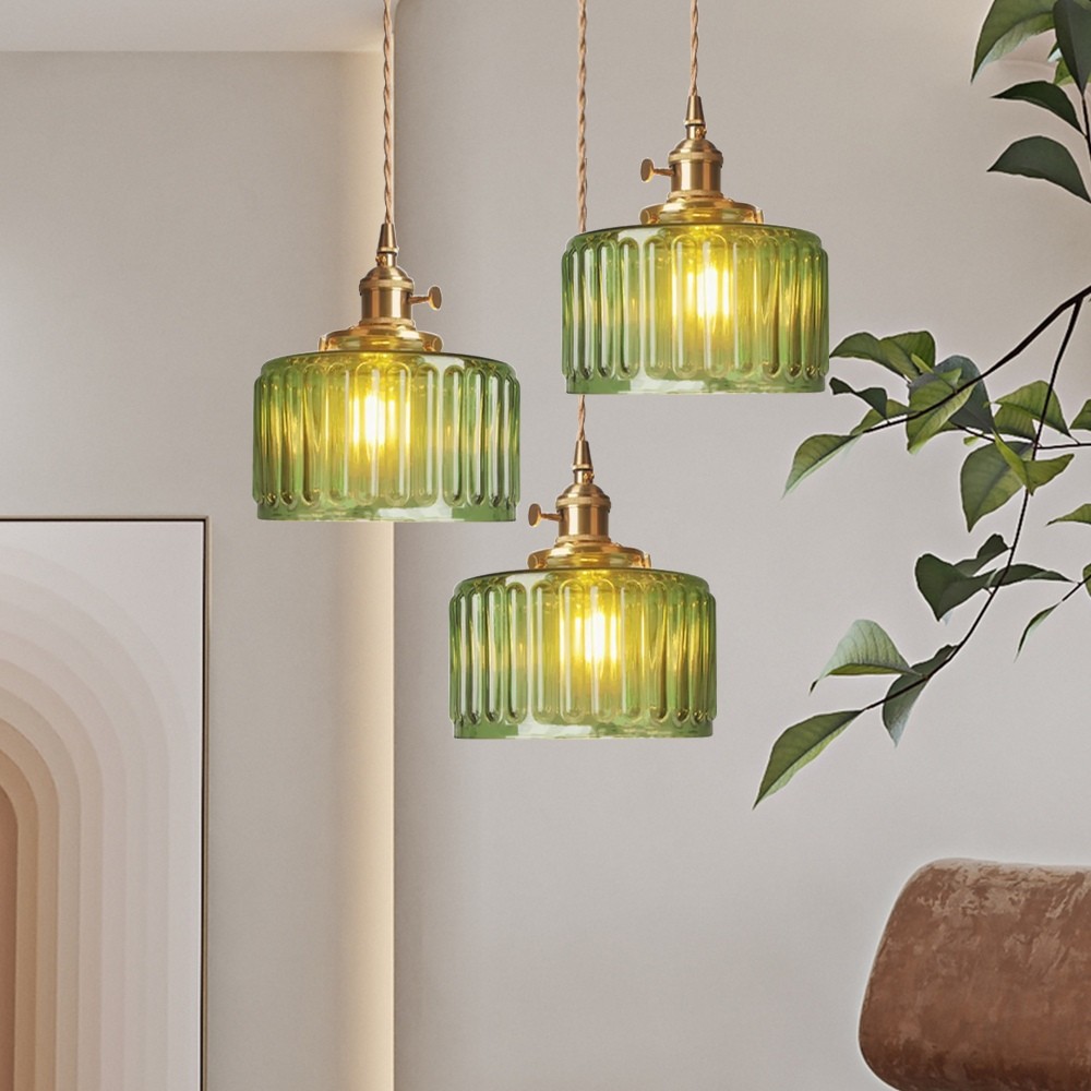 Vintage Cylinder Ribbed Glass Pendant Light S136