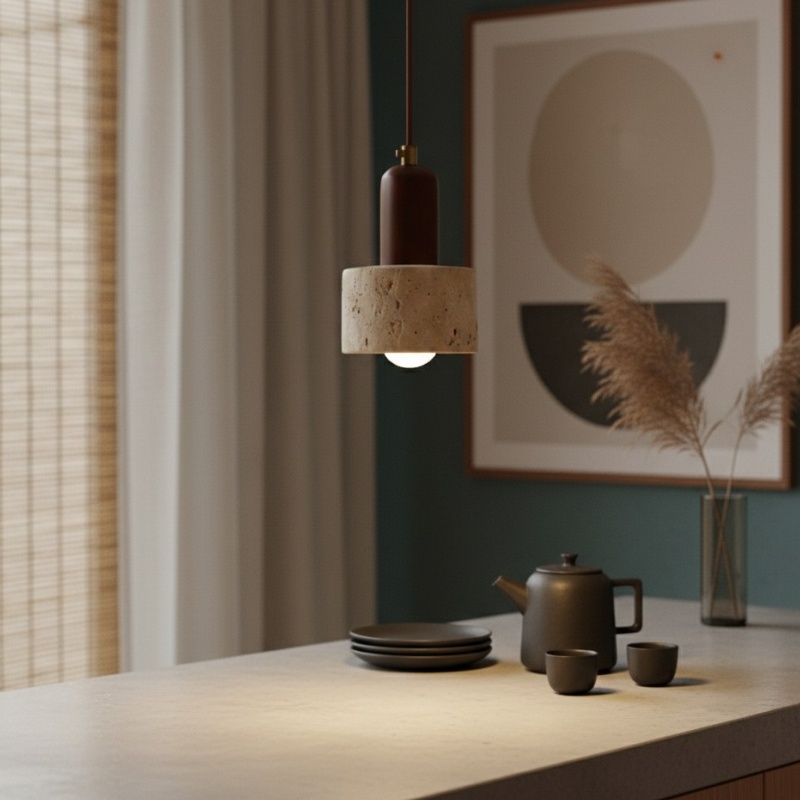 Rotating Travertine and Wood Pendant Light - Japandi Dining Room Glow T1100