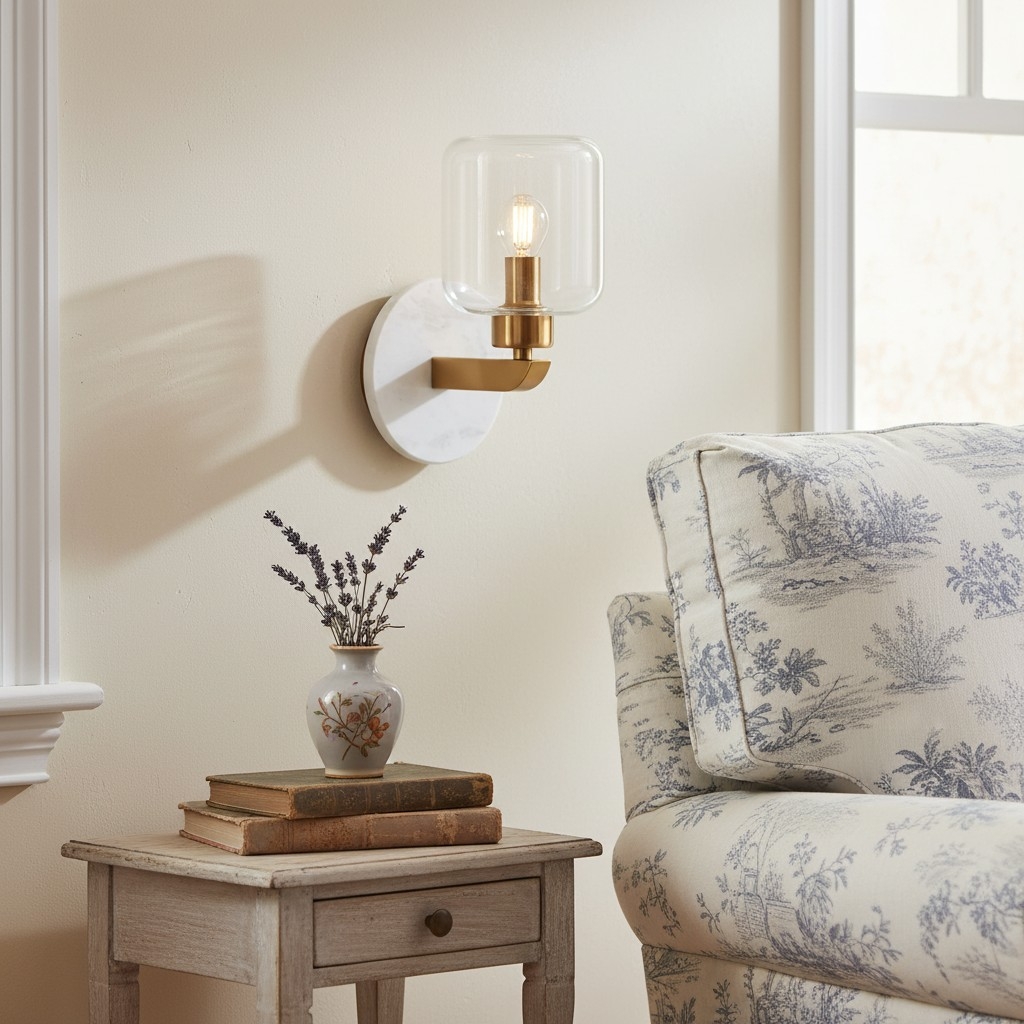 Korlisse Modern Marble Wall Light - Vintage Brass & Clear Glass Accent for Living Room and Hallway T950